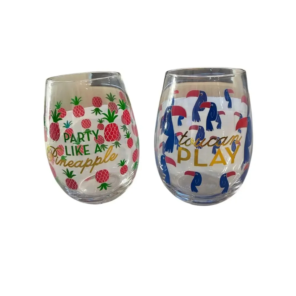 Set of 2 Tropical Summer Stemless Wine Glasses-Pineapple & Toucan Designs